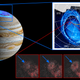 The location of Jupiter’s northern aurora (left), a graphical representation of the newly detected ring-like feature (top right) and a sequence of false-color images showing an expanding ring over time (bottom right).